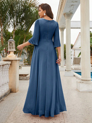 Plunging Neck Flounce Sleeve Maxi Bridesmaid Dress