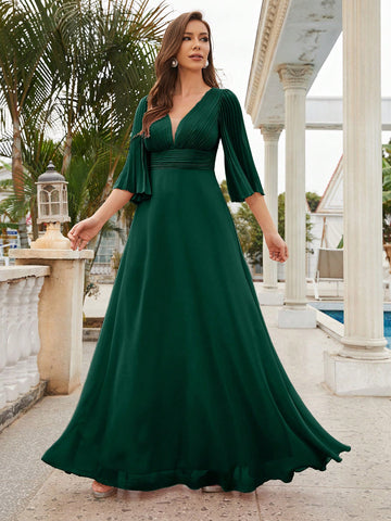 Plunging Neck Flounce Sleeve Maxi Bridesmaid Dress