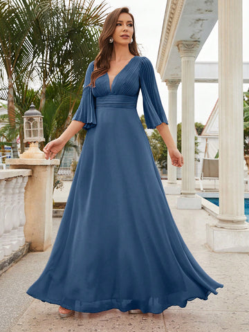 Plunging Neck Flounce Sleeve Maxi Bridesmaid Dress