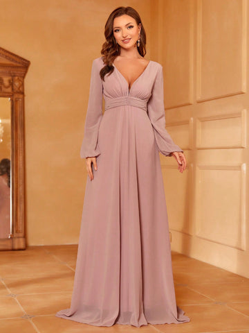 Plunging Neck Lantern Sleeve Chiffon Bridesmaid Dress