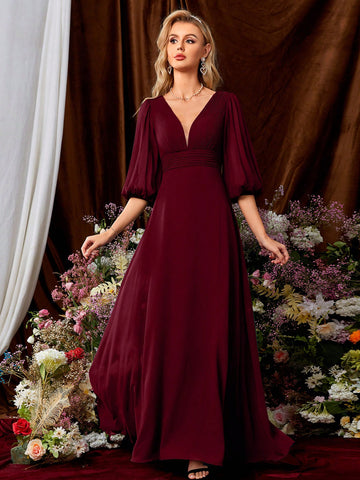 Plunging Neck Lantern Sleeve Ruched Bustier Chiffon Bridesmaid Dress