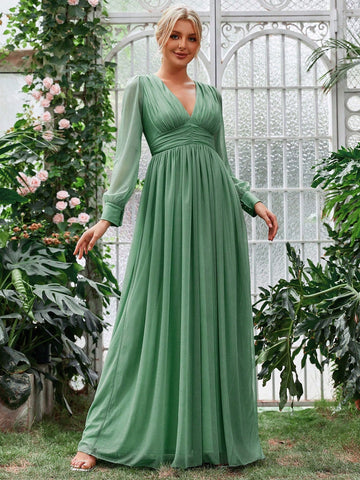 Plunging Neck Ruched Front Lantern Sleeve Formal Dress
