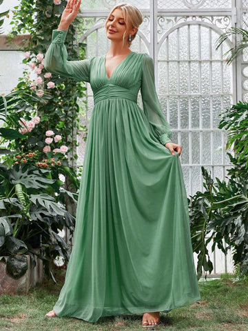 Plunging Neck Ruched Front Lantern Sleeve Formal Dress