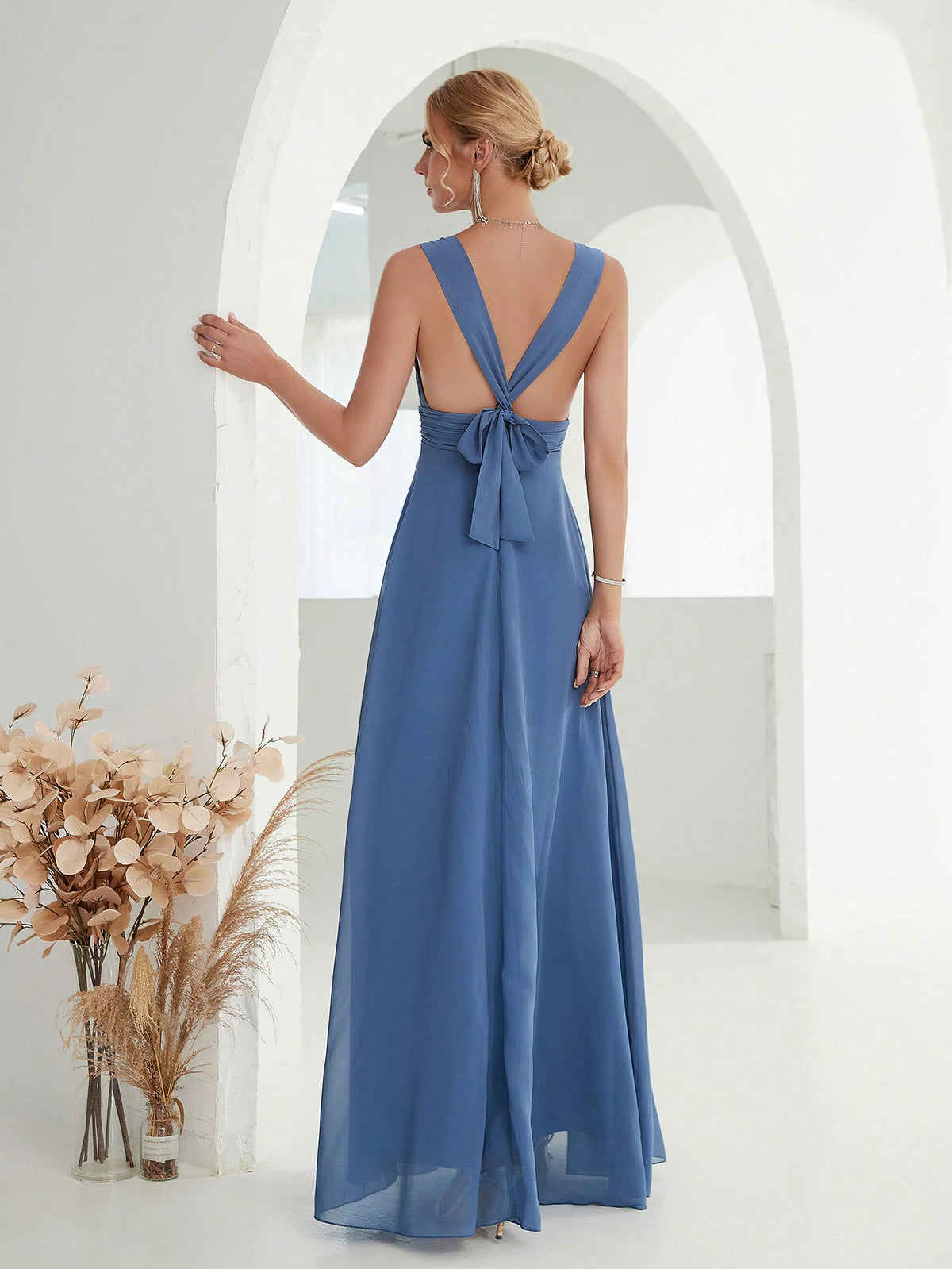 Plunging Neck Ruched Waist Chiffon Bridesmaid Dress