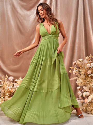 Plunging Neck Ruched Waist Ruffle Hem Dress