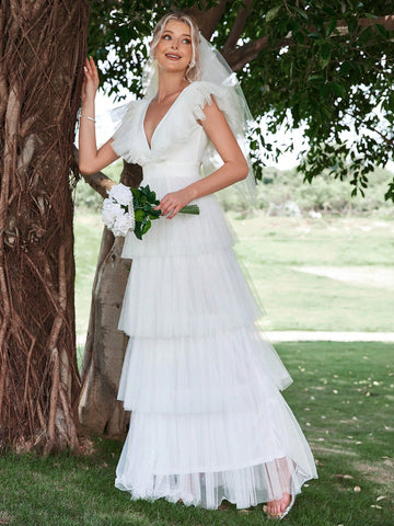 Plunging Neck Ruffle Trim Layered Hem Mesh Wedding Dress Without Veil