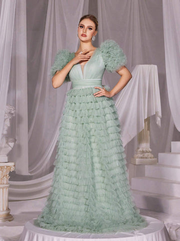 Plunging Neck Ruffle Trim Mesh Cake Dress