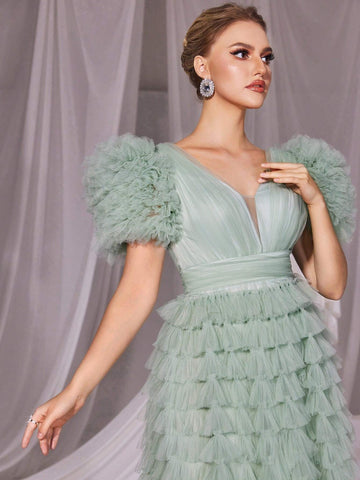 Plunging Neck Ruffle Trim Mesh Cake Dress