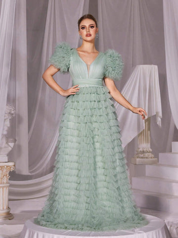 Plunging Neck Ruffle Trim Mesh Cake Dress