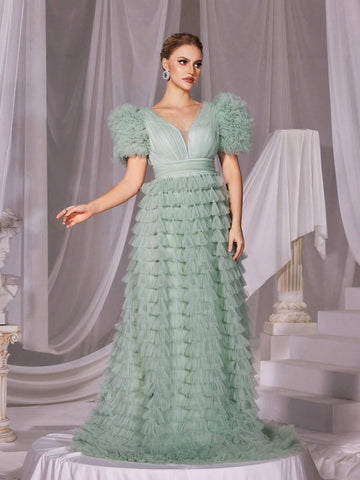 Plunging Neck Ruffle Trim Mesh Cake Dress