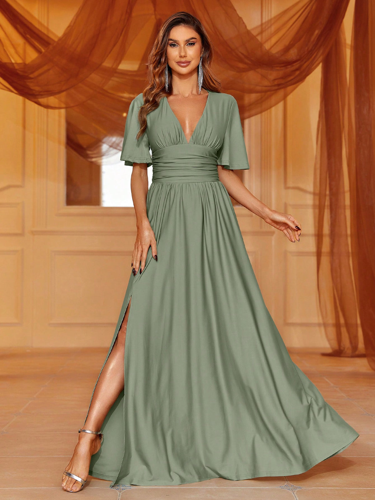 Plunging Neck Split Thigh Bridesmaid Dress