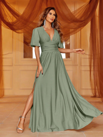 Plunging Neck Split Thigh Bridesmaid Dress