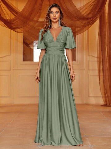 Plunging Neck Split Thigh Bridesmaid Dress