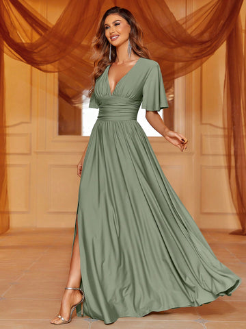 Plunging Neck Split Thigh Bridesmaid Dress