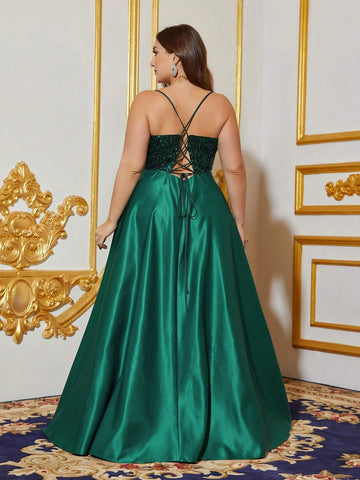 Plus Back Lace Up Contrast Sequin Satin Cami Dress