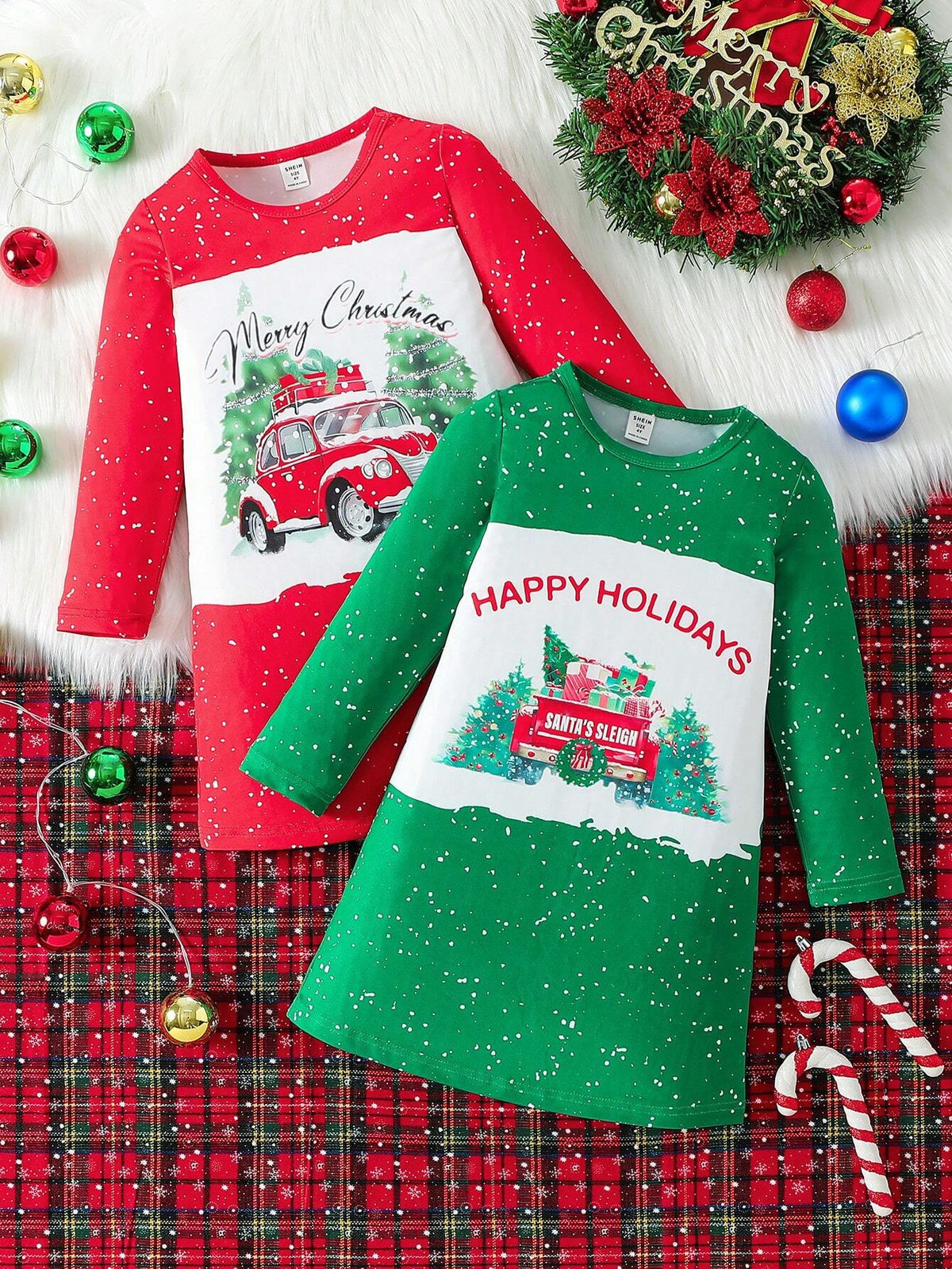 Plus Size Girls' Long Sleeve Round Neck Digital Print Christmas Merry Christmas Pattern Dress