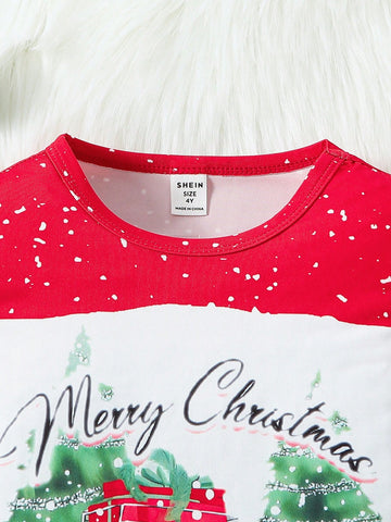 Plus Size Girls' Long Sleeve Round Neck Digital Print Christmas Merry Christmas Pattern Dress