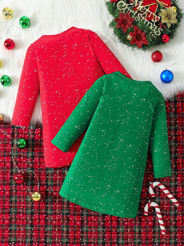 Plus Size Girls' Long Sleeve Round Neck Digital Print Christmas Merry Christmas Pattern Dress