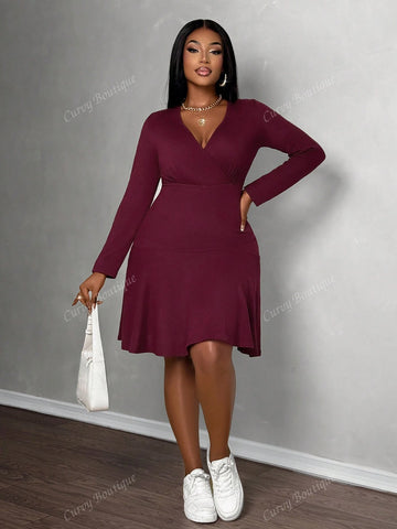 Plus Size Ladies Cross Collar Ruffle Hem Long Sleeve Dress Short Skirt