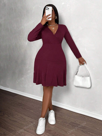 Plus Size Ladies Cross Collar Ruffle Hem Long Sleeve Dress Short Skirt