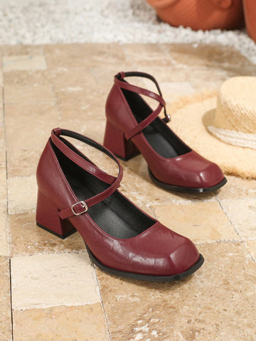 Plus Size Mary Jane High Heel Pumps, Thick Heel Square Toe Women Dress Shoes, Wine Red Small Size Heels