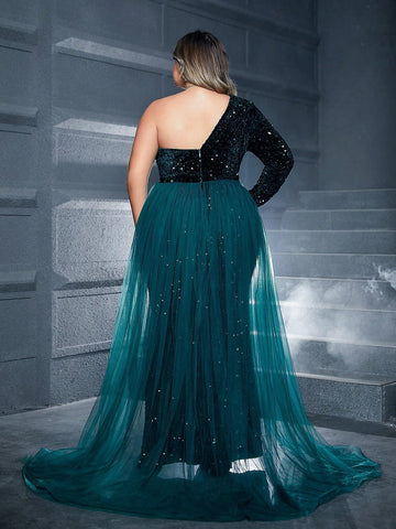 Plus Size One Shoulder Mesh Splice Sequin High Slit Evening Dress