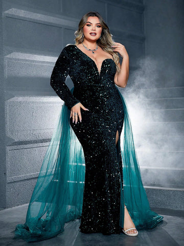Plus Size One Shoulder Mesh Splice Sequin High Slit Evening Dress