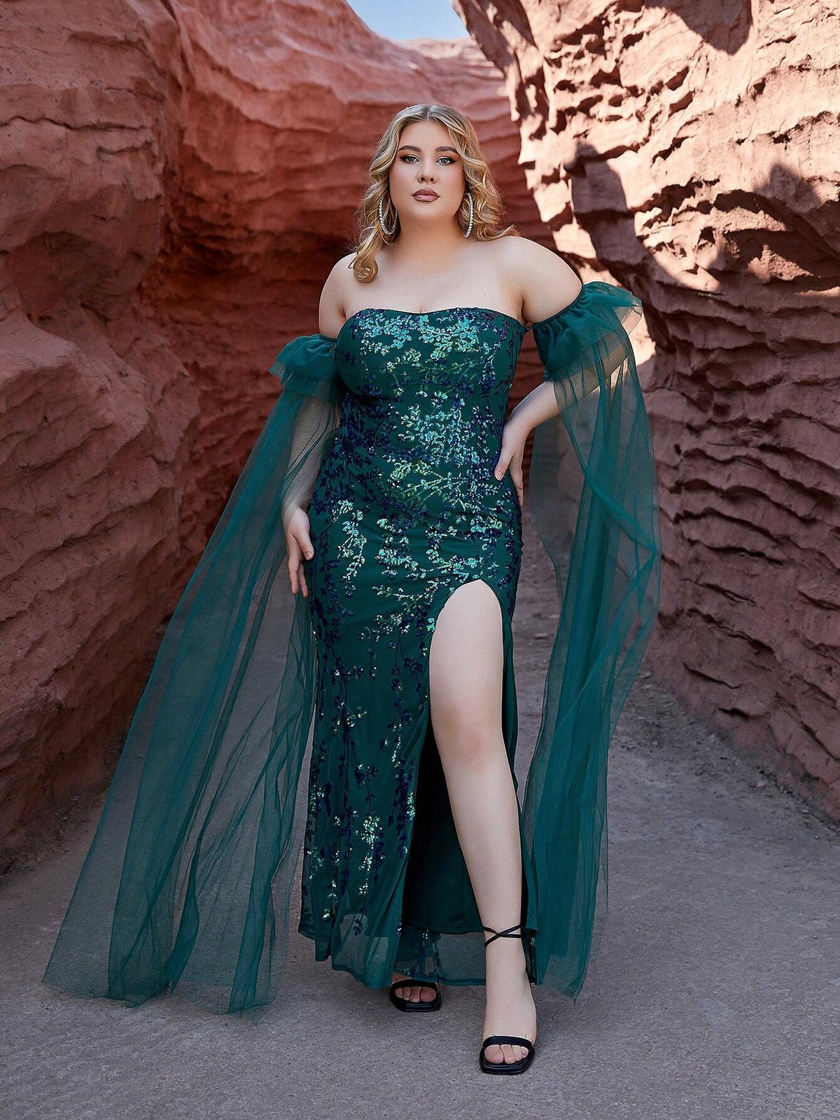 Plus Size One Shoulder Sheer Mesh & Sparkly Sequin Patchwork High Side Split Prom Maxi Dress