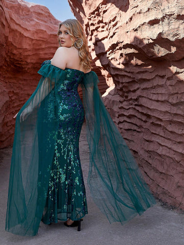 Plus Size One Shoulder Sheer Mesh & Sparkly Sequin Patchwork High Side Split Prom Maxi Dress