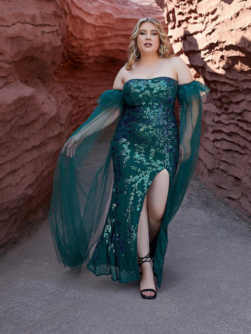 Plus Size One Shoulder Sheer Mesh & Sparkly Sequin Patchwork High Side Split Prom Maxi Dress