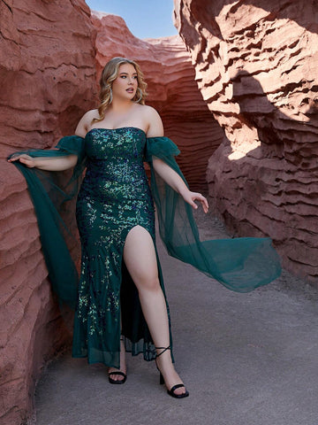 Plus Size One Shoulder Sheer Mesh & Sparkly Sequin Patchwork High Side Split Prom Maxi Dress