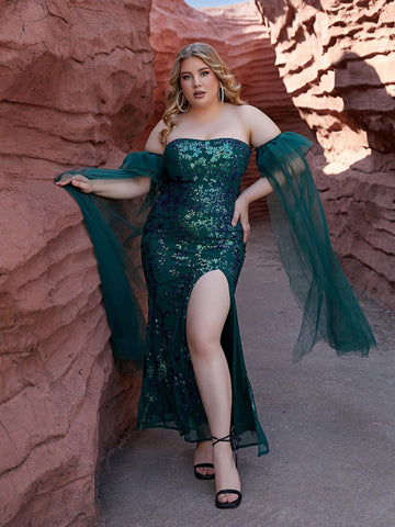 Plus Size One Shoulder Sheer Mesh & Sparkly Sequin Patchwork High Side Split Prom Maxi Dress