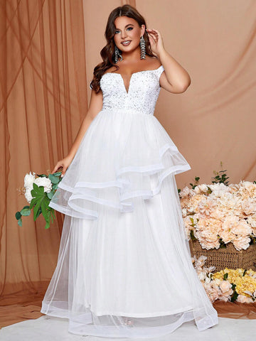 Plus Size One Shoulder Sparkly Tulle Wedding Dress With Sequin Detail