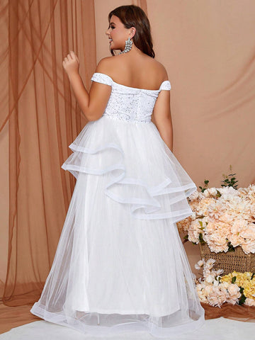 Plus Size One Shoulder Sparkly Tulle Wedding Dress With Sequin Detail