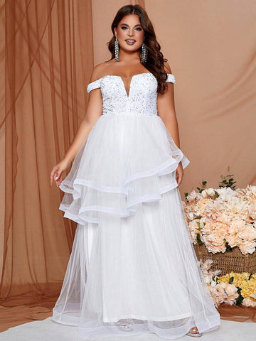 Plus Size One Shoulder Sparkly Tulle Wedding Dress With Sequin Detail