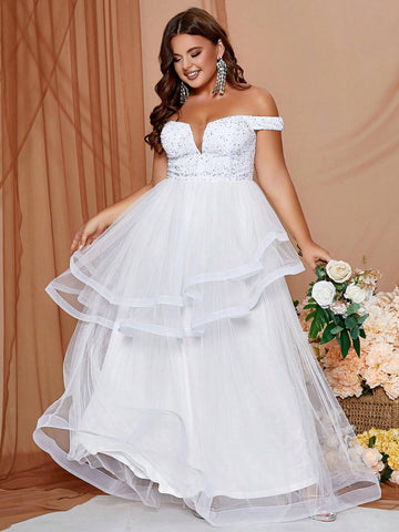 Plus Size One Shoulder Sparkly Tulle Wedding Dress With Sequin Detail