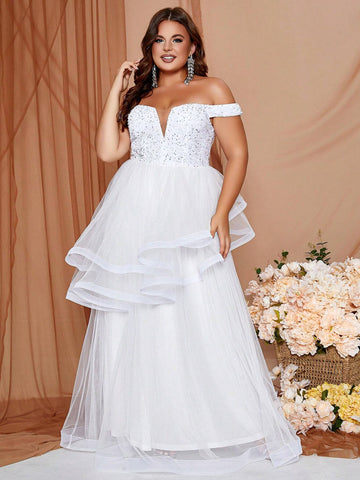 Plus Size One Shoulder Sparkly Tulle Wedding Dress With Sequin Detail