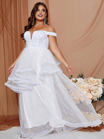Plus Size One Shoulder Sparkly Tulle Wedding Dress With Sequin Detail