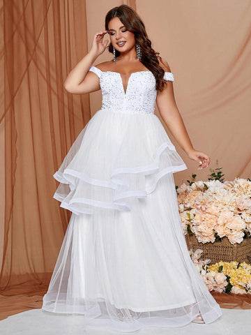 Plus Size One Shoulder Sparkly Tulle Wedding Dress With Sequin Detail