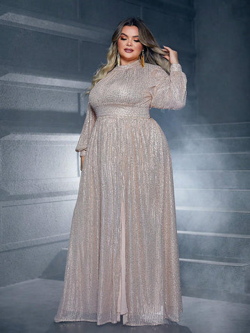 Plus Size Round Neck Lantern Sleeve High Split Sequin Party Dress