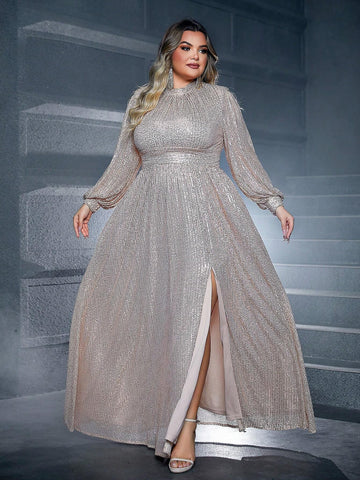Plus Size Round Neck Lantern Sleeve High Split Sequin Party Dress