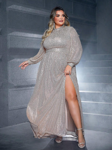 Plus Size Round Neck Lantern Sleeve High Split Sequin Party Dress