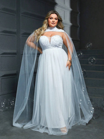 Plus Size White Bridal Dress With Sequin Applique Bustier And Cape