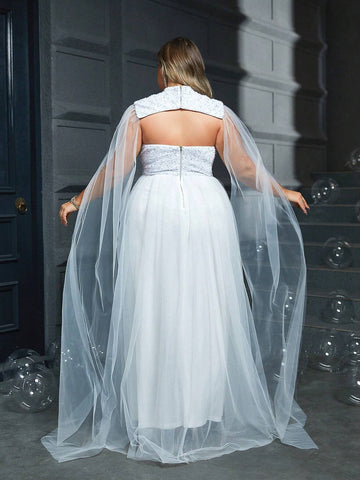 Plus Size White Bridal Dress With Sequin Applique Bustier And Cape