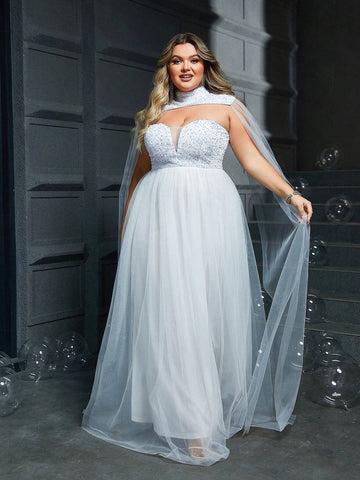 Plus Size White Bridal Dress With Sequin Applique Bustier And Cape
