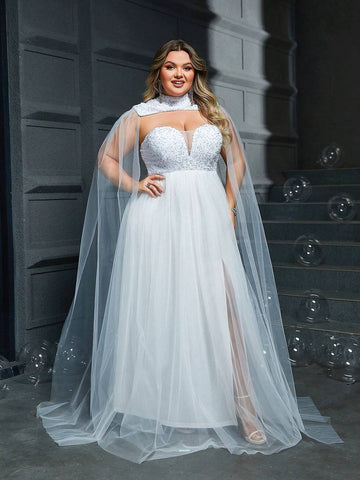 Plus Size White Bridal Dress With Sequin Applique Bustier And Cape