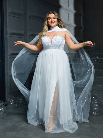 Plus Size White Bridal Dress With Sequin Applique Bustier And Cape