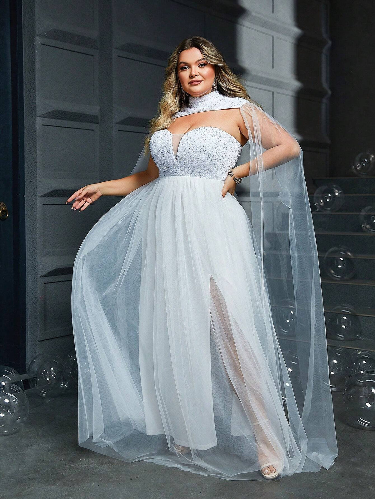 Plus Size White Bridal Dress With Sequin Applique Bustier And Cape
