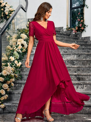 Plus Size Women Solid V-Neck Short Sleeve Asymmetric Hem Elegant Bridesmaid Dress (Adult)