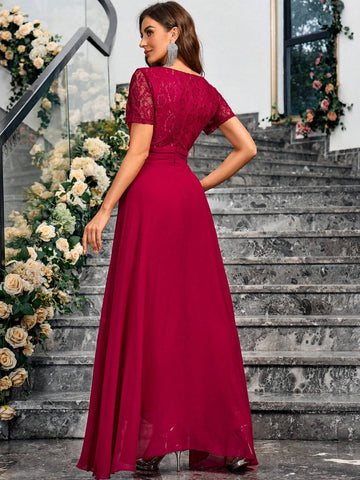 Plus Size Women Solid V-Neck Short Sleeve Asymmetric Hem Elegant Bridesmaid Dress (Adult)
